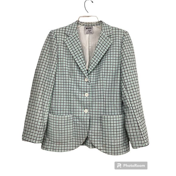 Vtg 70s Women Plaid Jacket Tag Sz 12 Blue Green Polyester Double Knit Mod Retro - Picture 2 of 11